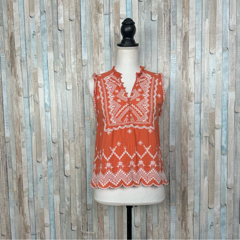 Sundance‎ PXS XS Coral Cotton Embroidered Scallop Annette Eyelet Top Blouse Boho